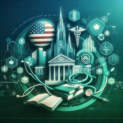 A professional and attractive image representing studying medicine in the USA and the USMLE exam. The image should feature abstract elements such as A-min